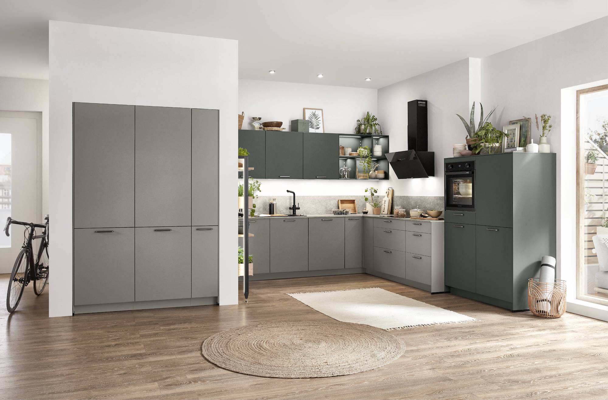 Nobilia Easytouch moderne L-Küche mit Hochschrank Grau