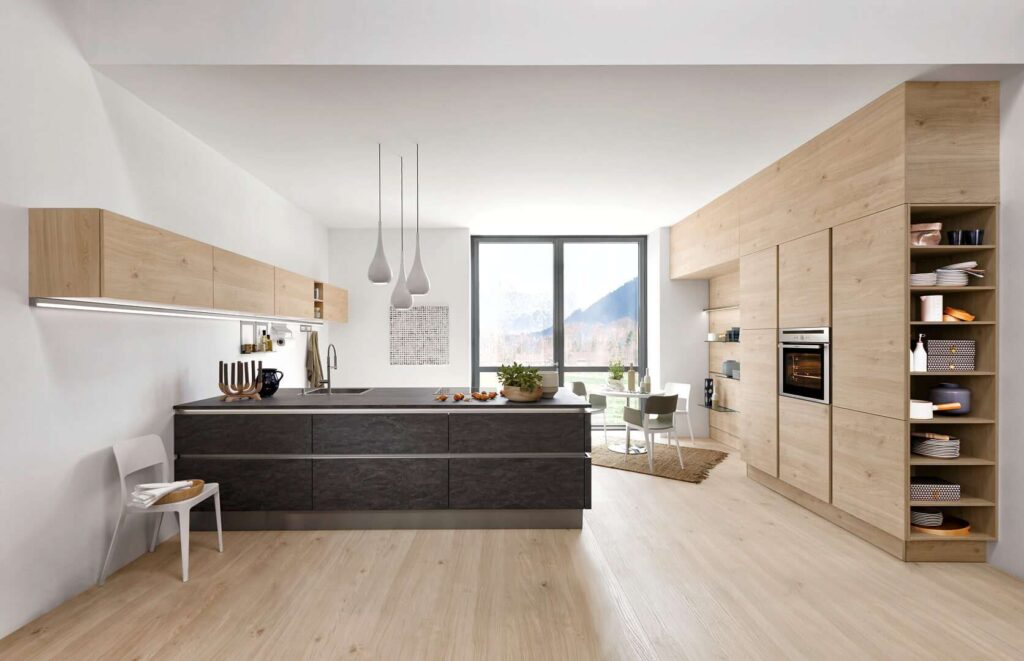 Nolte Inselküche moderner Stil Basaltstone Asteiche Natur