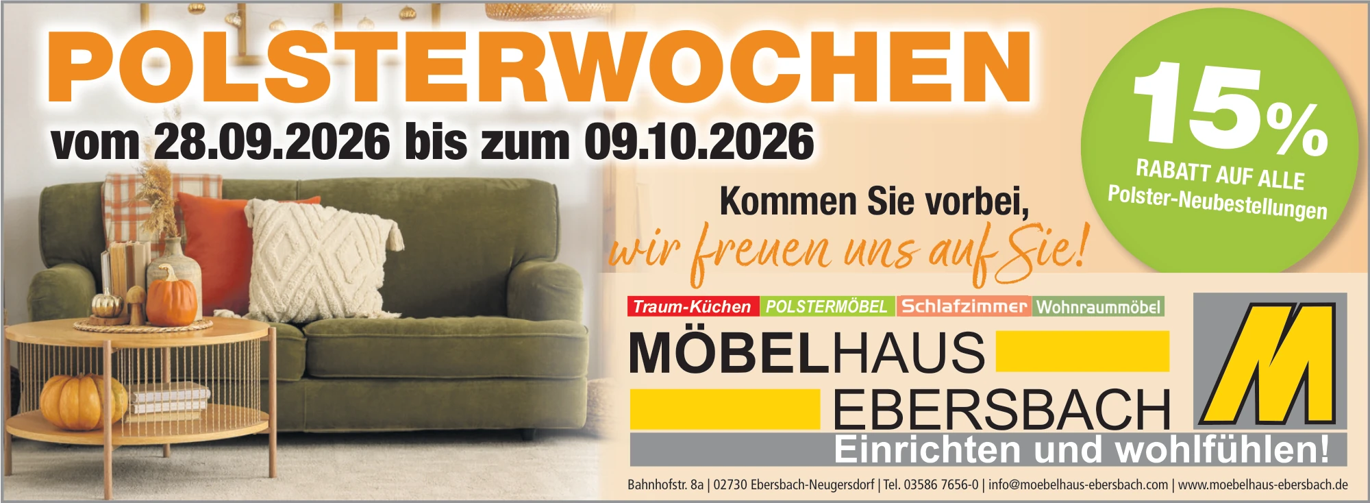 Polsterwochen im Möbelhaus Ebersbach vom 28.09. bis 09.10.2026: 15 % Rabatt auf alle Polster-Neubestellungen
